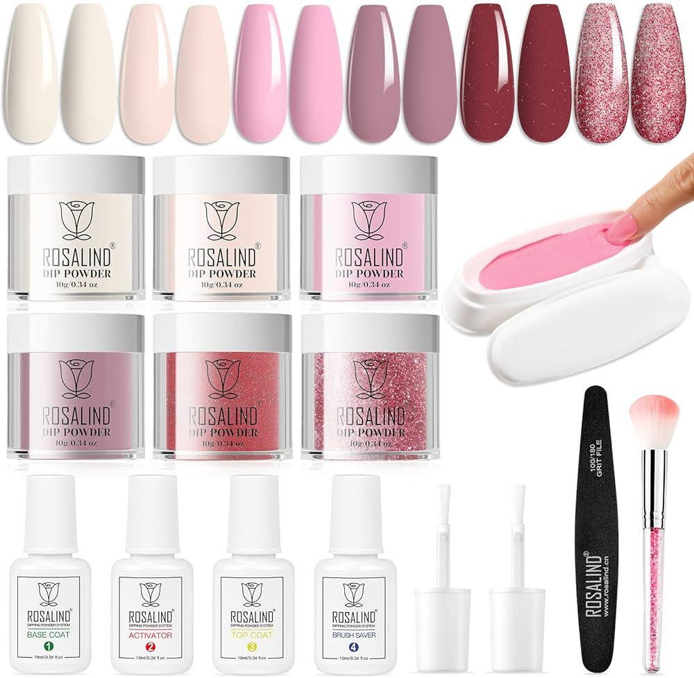 ROSALIND 13PCS Dip Nails Powder Starter Kit, 6 Colors Dip Powder Nail Kit White Pink Glitter Seri... | Amazon (US)