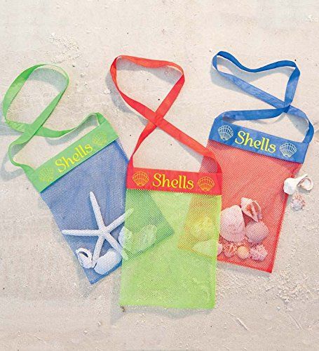 Set of 3 Colorful Mesh Sea Shell Collecting Bags - Beach and Sand Toys - Shoulder Strap - Reusabl... | Amazon (US)