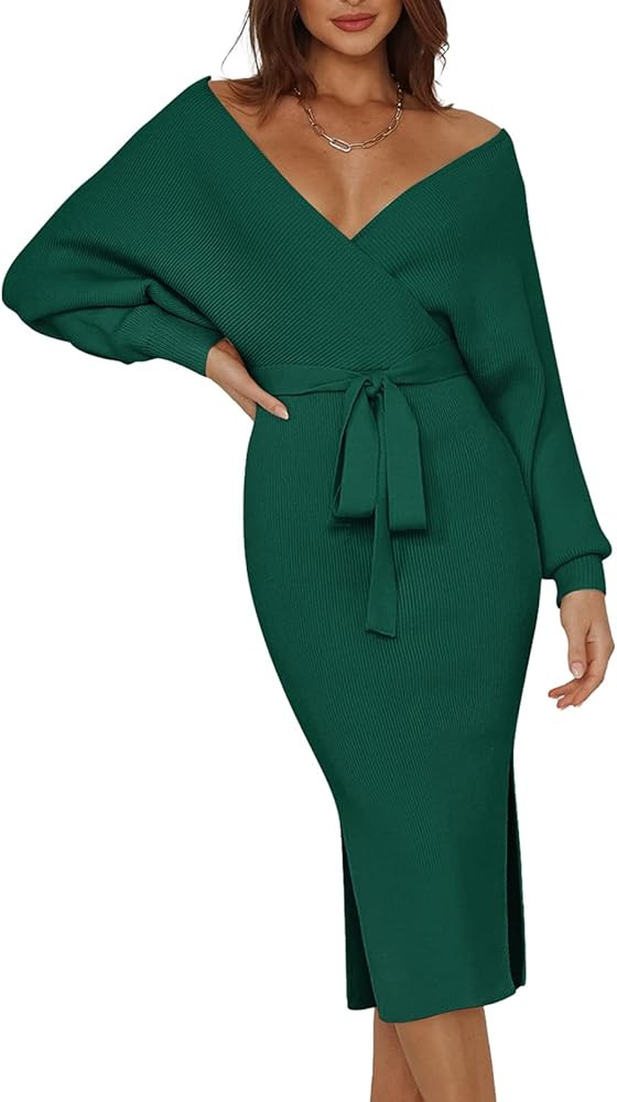 Pink Queen Womens V Neck Sweater Wrap Dresses Batwing Sleeve Elegant Holiday Bodycon Slit Maxi Kn... | Amazon (US)