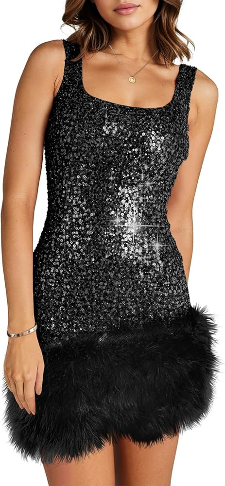 Wenrine Womens Sparkly Sequin Dress Bodycon Square Neck Fur Club Party Mini Dresses | Amazon (US)
