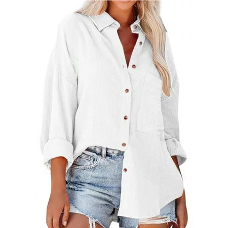 WTXUE Button-Up Shirts Long Sleeve Notch Neck Shirts for Women Ladies Summer Stand Collar Loose Button up Women Shirts Pocket Shirts Tops Solid | Workwear for Women White M | Walmart (US)