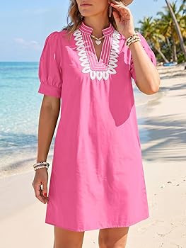 Wenrine Womens Summer V Neck Shift Dresses Puff Short Sleeve Casual Dressy Embroidered Boho Short... | Amazon (US)