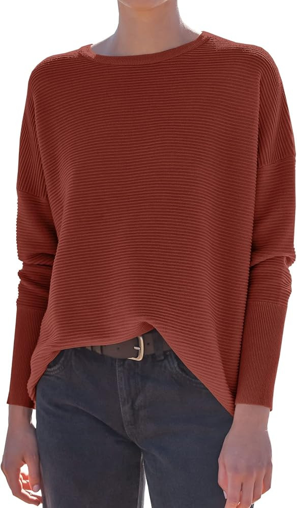 ANRABESS Women’s 2023 Fall Long Batwing Sleeve Drop Shoulder Crewneck Casual Ribbed Knit Sweate... | Amazon (US)