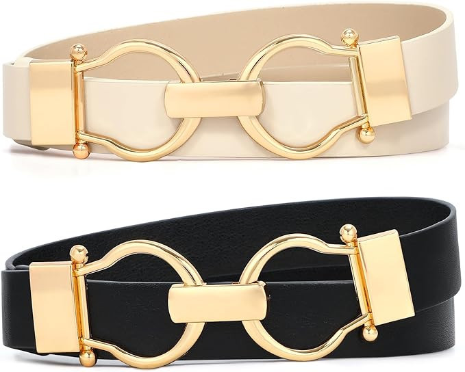 WHIPPY 2 Pack Women Leather Skinny Belts Ladies Thin Waist Belt with Gold Buckle for Dresses Pant... | Amazon (US)