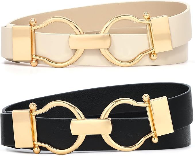 WHIPPY 2 Pack Women Leather Skinny Belts Ladies Thin Waist Belt with Gold Buckle for Dresses Pant... | Amazon (US)