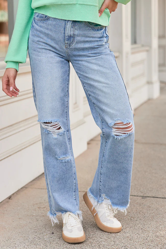 Ariel Light Wash Distressed Wide Leg Jeans | Pink Lily