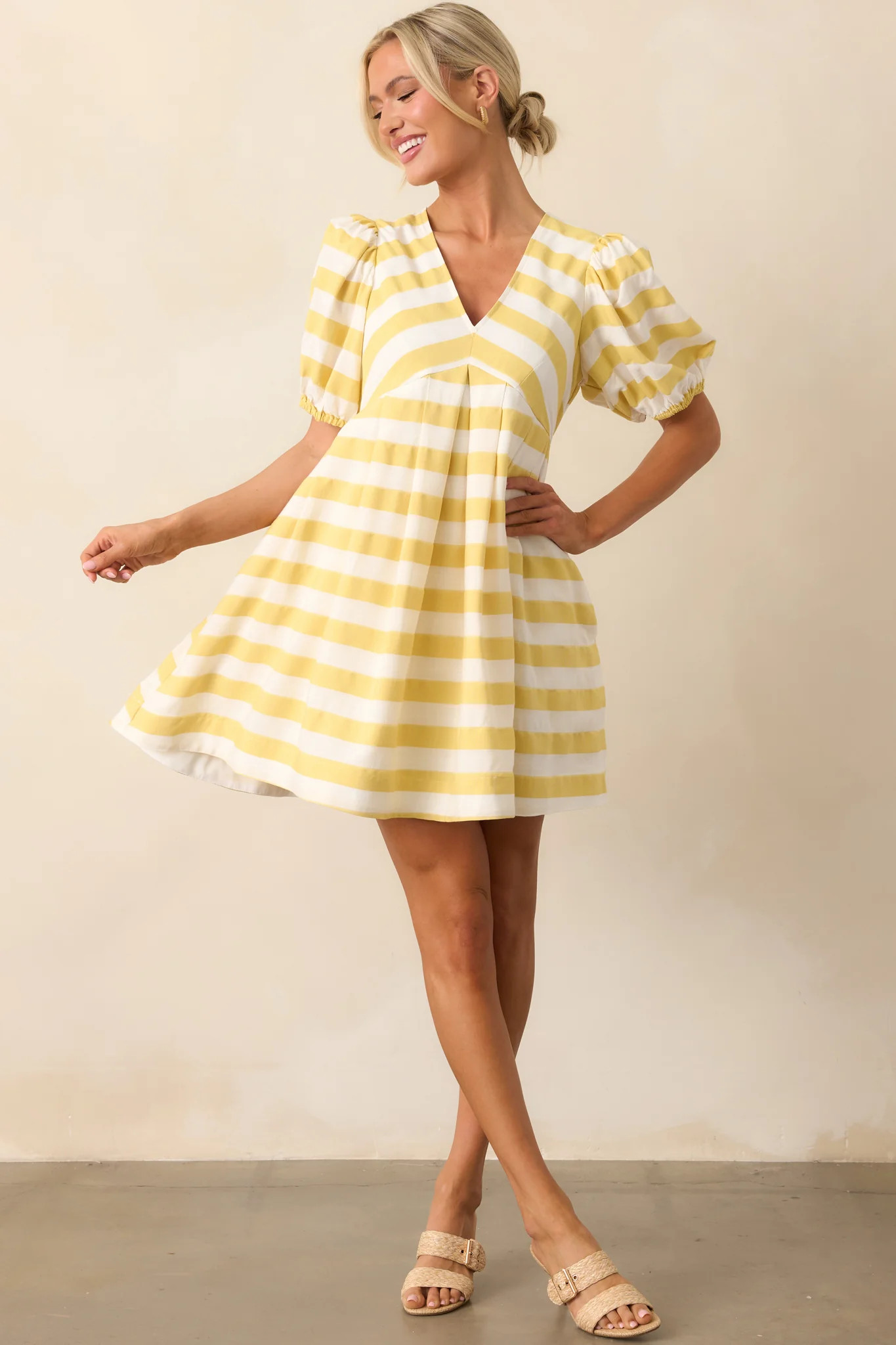 Every Now And Then Yellow Stripe Puff Sleeve Mini Dress | Red Dress