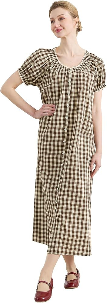 Women Cotton Gingham Midi Maxi House Dress with Pocket Puff Sleeve Button Down Nightgown for Slee... | Amazon (US)