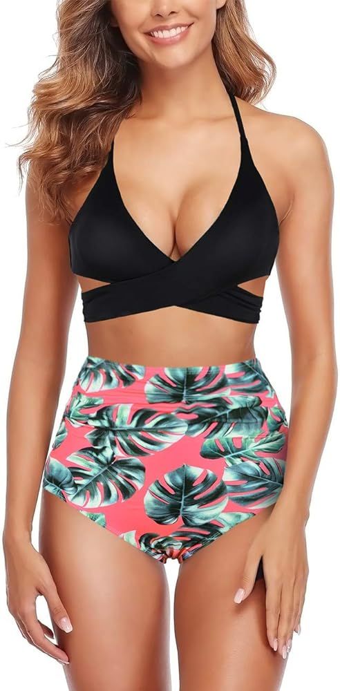 Women's High Waisted Bikini Flounce Crop Top Swimsuits Two Piece Bathing Suits | Amazon (US)