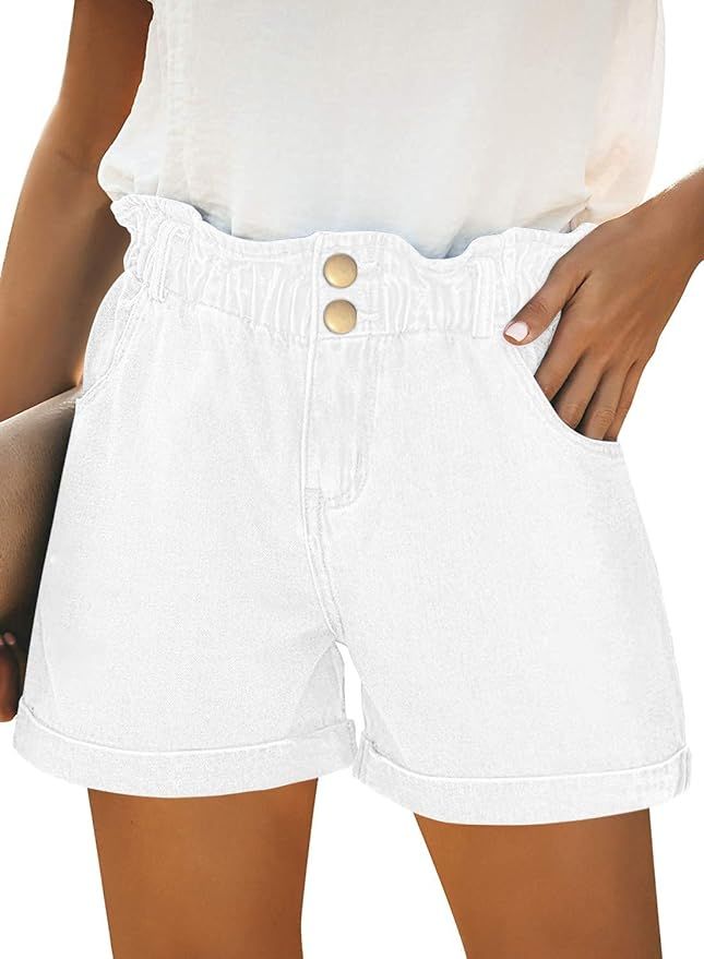 onlypuff Denim Shorts for Women Elastic High Waist Loose Rolled Short Pants with Pockets | Amazon (US)