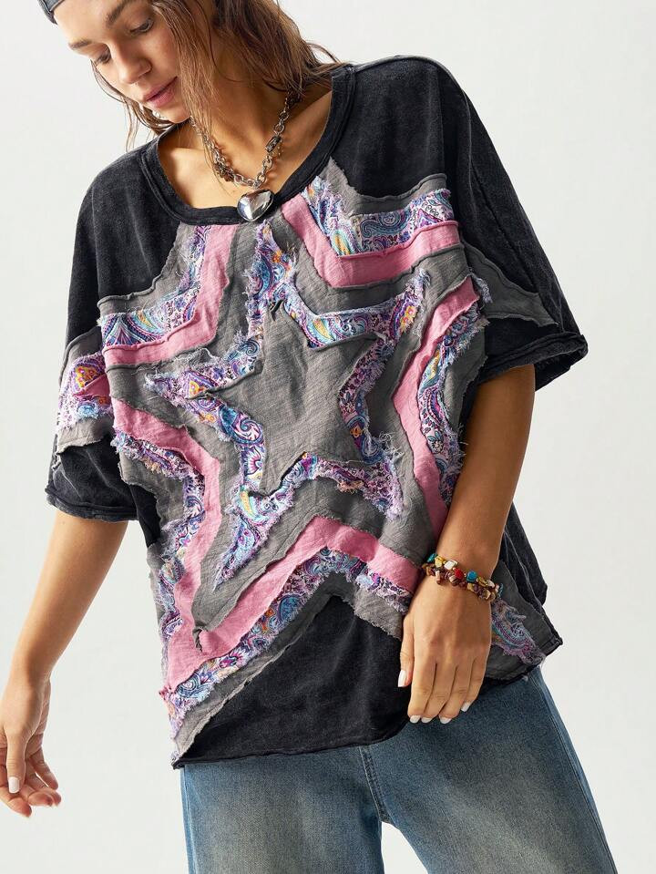 Bohemela Women's Casual Knitted Embroidered Star Pattern Round Neck Short Sleeve Loose Washed T-S... | SHEIN