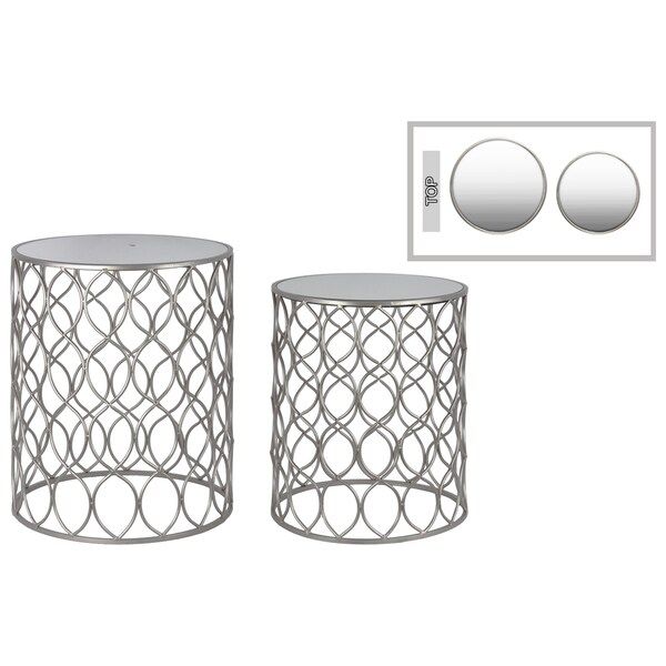 Silver Finish Mirror Top Metal Lattice Design Round Nesting Table (Set of 2) | Bed Bath & Beyond