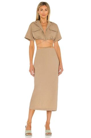 L'Academie Julia Midi Dress in Tan from Revolve.com | Revolve Clothing (Global)