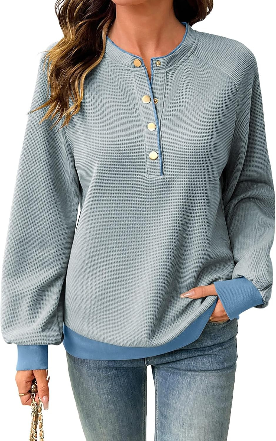 SHEWIN Women's Color Block Long Sleeve Sweatshirt Waffle Knit Henley Tops | Amazon (US)
