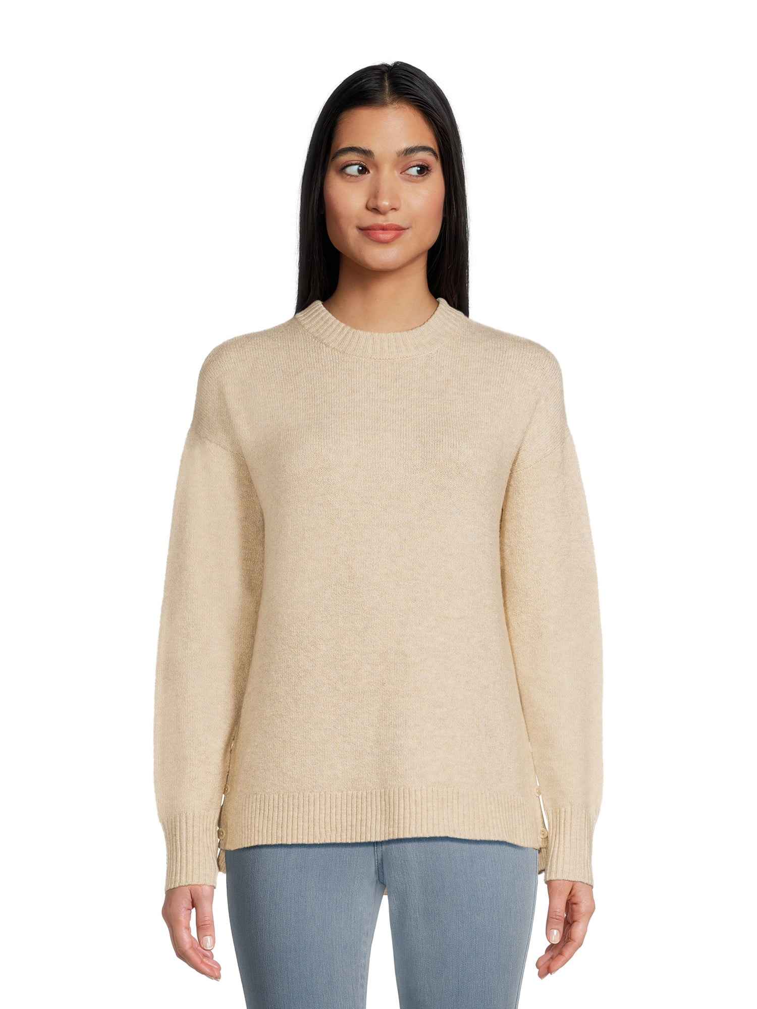 Time and Tru Women's Side Button Crew Neck Sweater, Midweight, Sizes XS-XXXL | Walmart (US)
