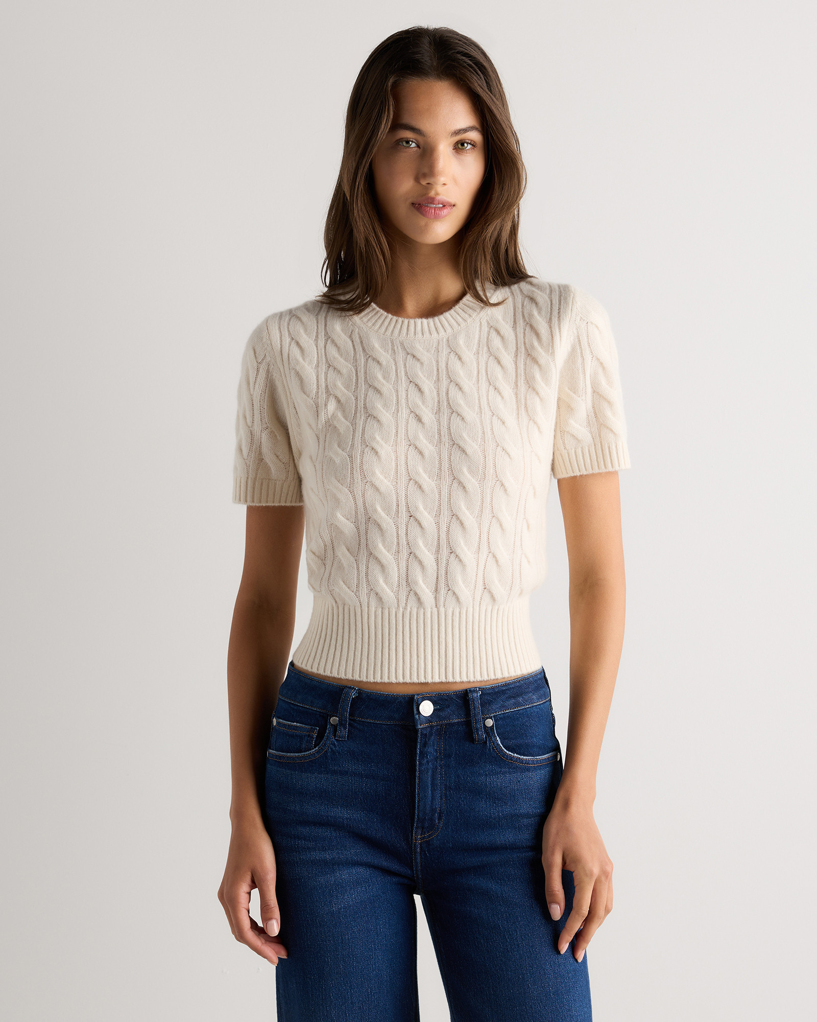 Quince | Women's Mongolian Cashmere Shrunken Cable T-Shirt in Ivory, Size Medium | Quince
