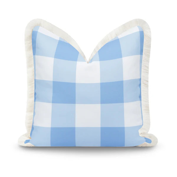 Coastal Indoor Outdoor Throw Pillow Cover, Plaid with Fringe, Baby Blue, 20"x20" | Hofdeco