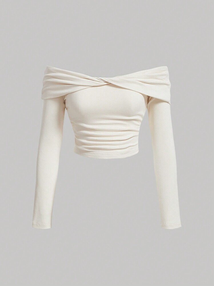 SHEIN MOD Women's Y2K Solid Color Off-Shoulder Long Sleeve Twist Knot Pleated Fashionable T-Shirt | SHEIN
