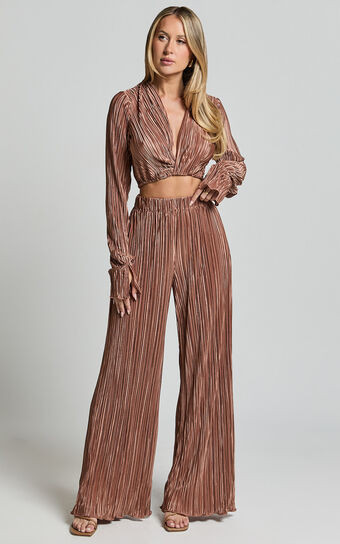 Aluna Two Piece Set - Plisse Twist Front Crop Top and Wide Leg Pants Set in Chocolate | Showpo (US, UK & Europe)