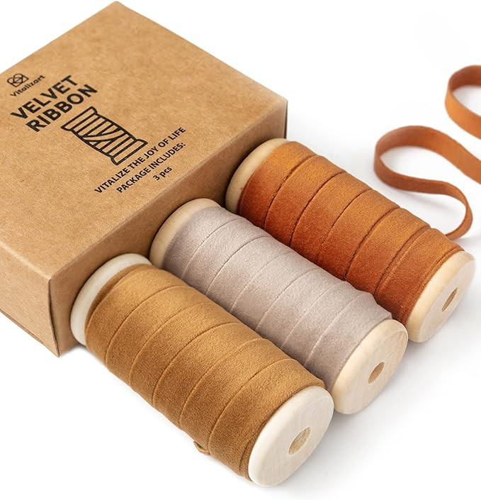 Vitalizart Fall Velvet Ribbon Set 3/8" x 15 Yd Wooden Spool Fabric Trim 3 Rolls * 5 Yd for Christ... | Amazon (US)