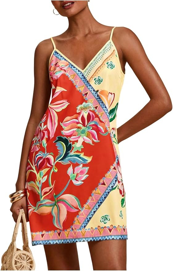 MakeMeChic Women's Boho Cami Dress Summer Spaghetti Strap Sleeveless Floral Beach Short Dresses | Amazon (US)