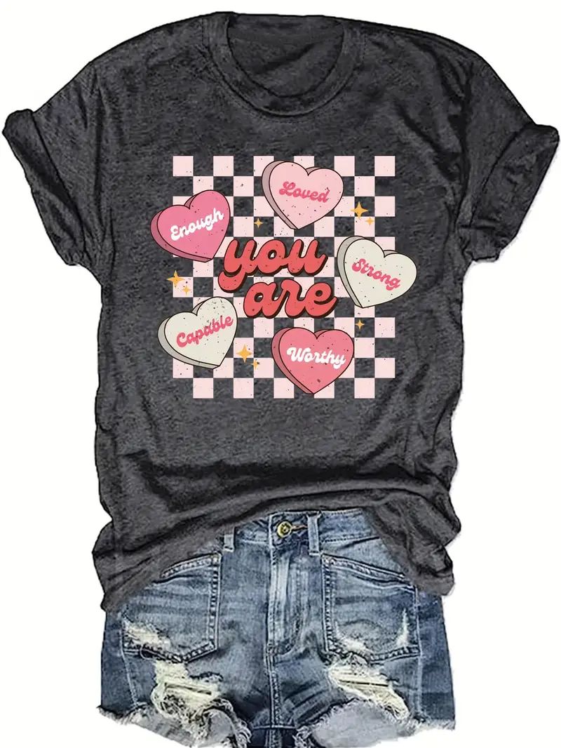Heart & Letter Print T-shirt, Casual Short Sleeve Crew Neck Top For Spring & Summer, Women's Clot... | Temu Affiliate Program