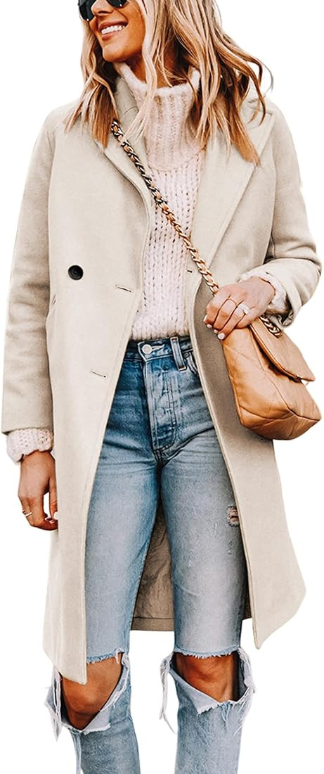 Tanming Women's Notch Lapel Double Breasted Wool Blend Mid Long Pea Trench Coat | Amazon (US)