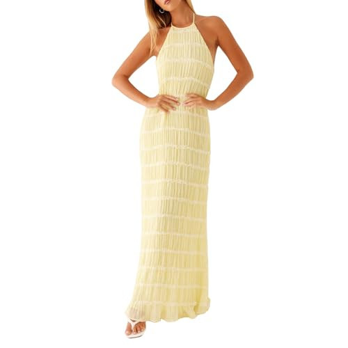Faymlc Women Halter Neck Pleated Maxi Dress Sleeveless Backless Smocked Long Dress Open Back Flowy Sundress Vacation Dresses (Butter Yellow, M) | Amazon (US)