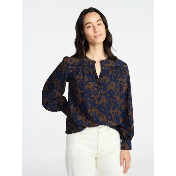 Time and Tru Women's Lace Yoke Shirt with Long Sleeves Sizes XS-XXXL | Walmart (US)