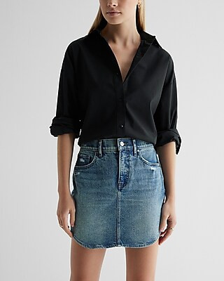 High Waisted Medium Wash Mini Denim Skirt | Express