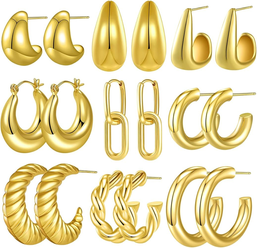 9 Pairs Chunky Gold Silver Hoop Earrings Set for Women Girls 14K Gold Plated Hypoallergenic Twist... | Amazon (US)