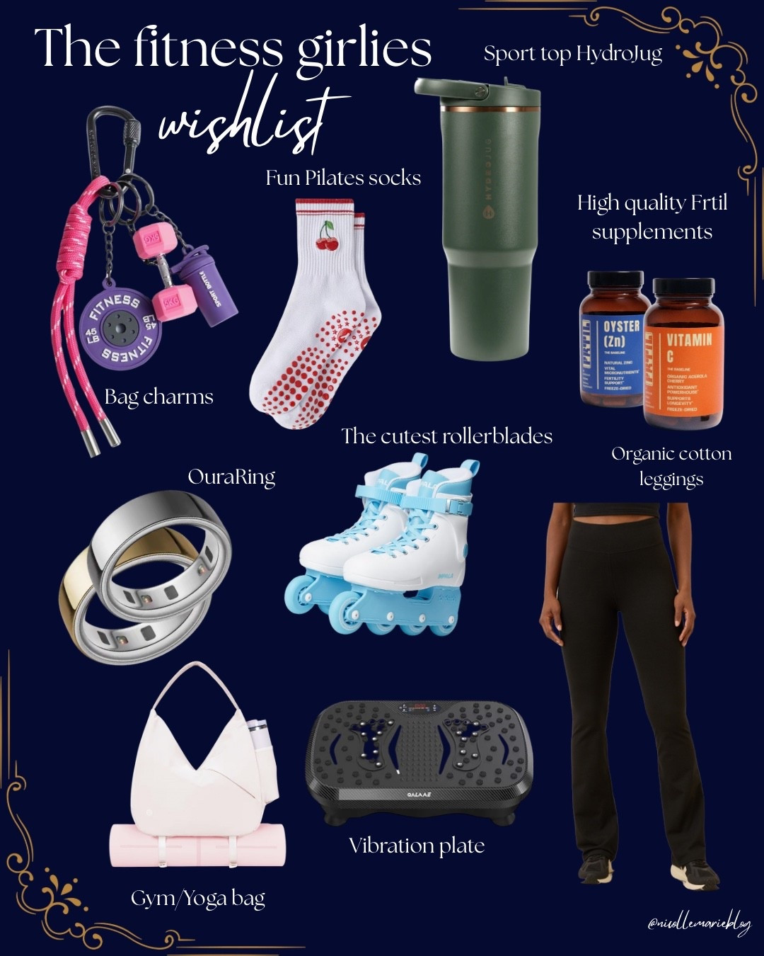 Things on the fitness girlies wishlist - organic cotton leggings, roller blades, cute bag charms, Oura ring, Hydrojugs, vibration plate, gym bag, high quality vitamin c and zinc supplements  

#LTKGiftGuide #LTKActive #LTKHoliday