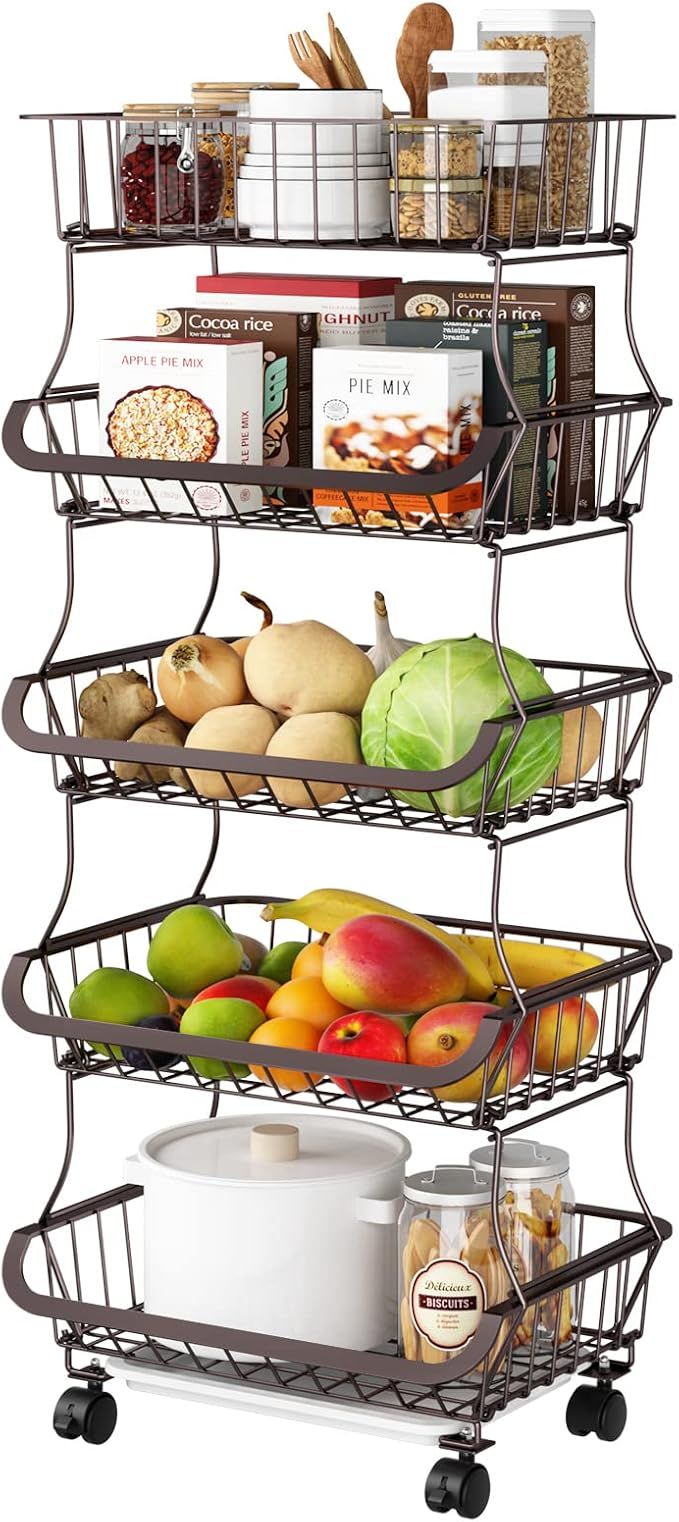 Simple Trending 5-Tier Fruit Basket Cart with Wheels, Metal Wire Fruit Vegetable Storage Basket O... | Amazon (US)