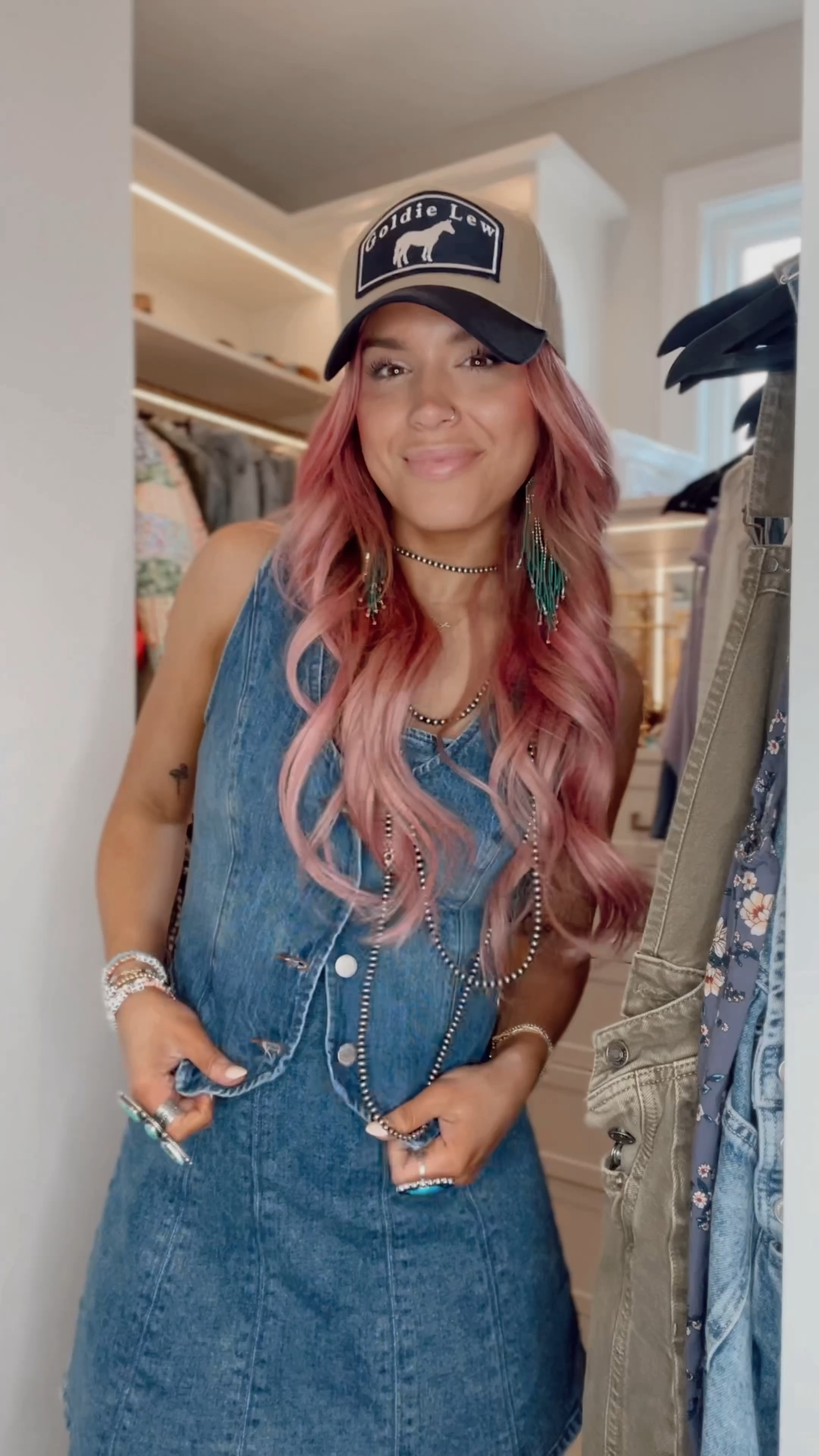 Outfit 1- 
Denim Dress- Abercrombie
Denim Vest- Aritzia
Hat- Goldie Lew 
Rings- Goldie Lew and Nizhoni
Necklace -Goldie Lew
Earrings- Jara Young Designs
Boots- Kohls 

Outfit 2
Tee - Free People
Skirt- Abercrombie 
Boots- Show Me Your Mumu
Vest- Aritzia 
Earrings - Goldie Lew

Outfit 3- 
Dress- Western Gold Boutique
Belt- old Goldie Lew
Boots- Show Me Your Mumu 
Earrings- Jara Young Designs

#LTKVideo #LTKStyleTip #LTKTravel