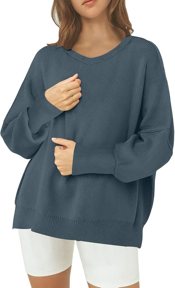 ANRABESS Women's 2023 Casual Oversized Sweater V Neck Batwing Sleeve Side Slit Ribbed Knit Pullov... | Amazon (US)