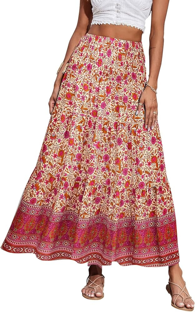 CFLONGE Summer Maxi Skirts for Women 2026 Fashion Boho Long Skirt Trendy Floral High Waist A Line... | Amazon (US)