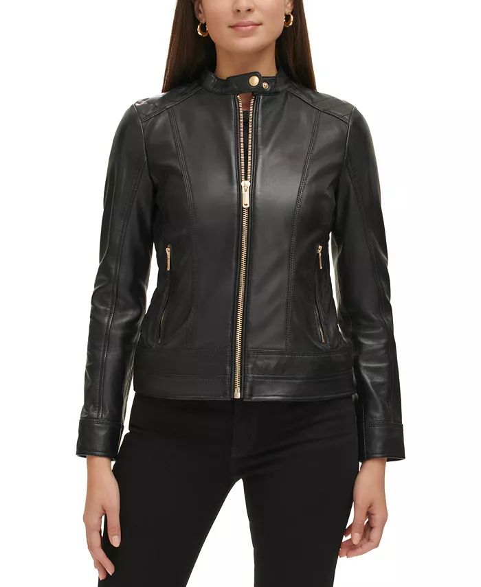 Women's Quilted-Shoulder Leather Coat, Created for Macy's | Macy's