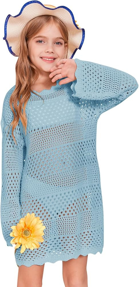 Batermoon Girls Crochet Long Sleeve Swimsuit Cover Up Kids Fashion Hollow Out Swimwear Beach Dres... | Amazon (US)