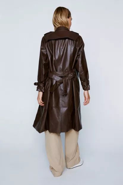 Faux Leather Belted Longline Trench Coat | Nasty Gal (US)