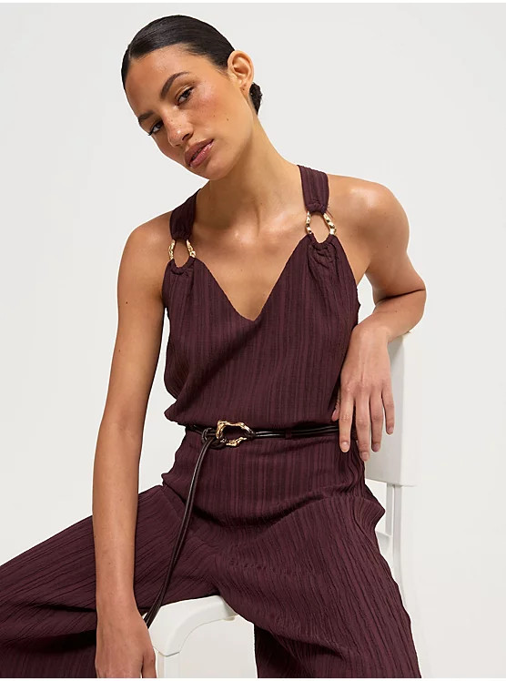 Chocolate Brown Textured V Neck Ring Detail Top | George