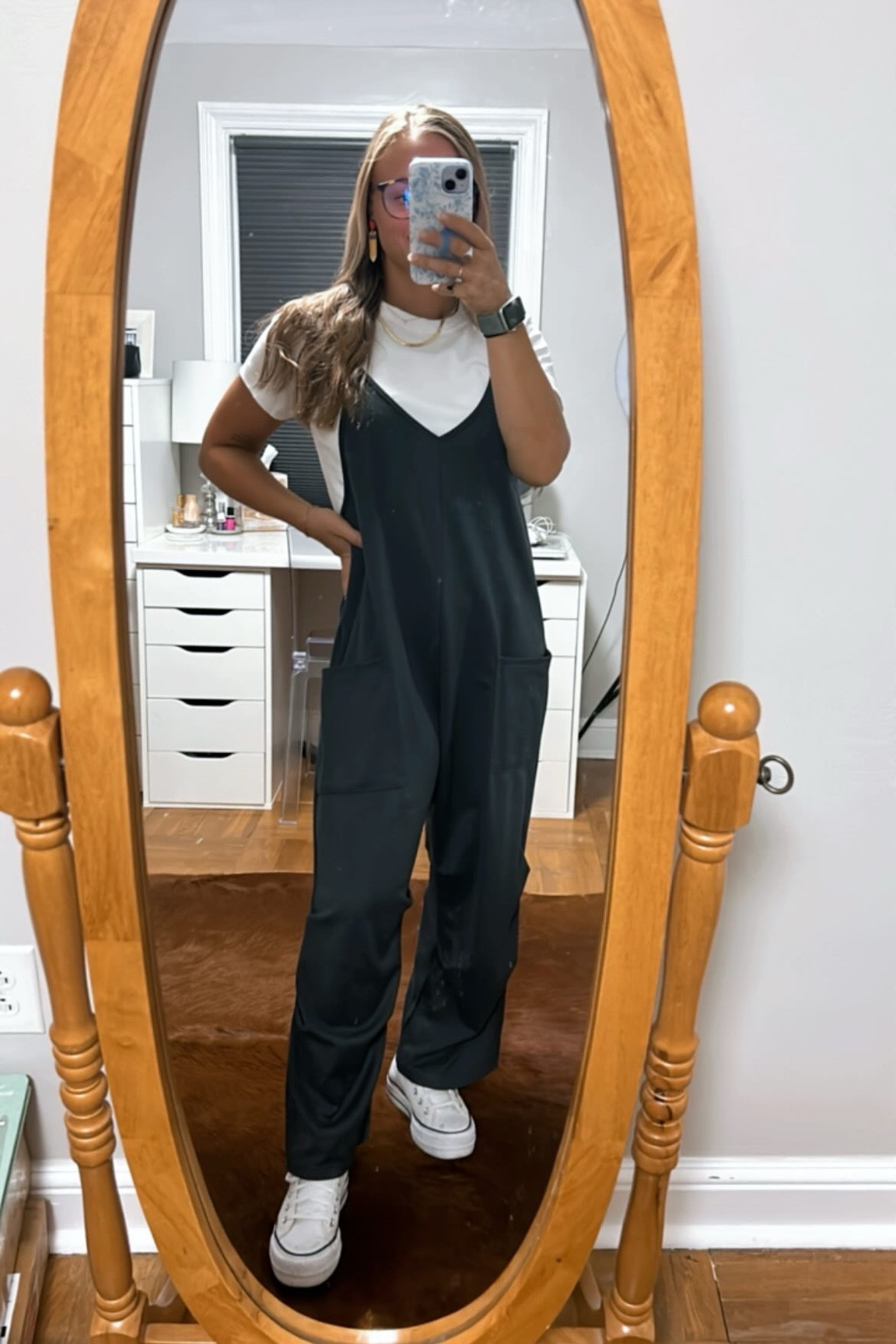 Comfy teacher ootd. Outfit of the day. Comfortable. Fall. Spring. Shein romper. Jumper. Converse high top sneakers. Teach. White tshirt. Tee  