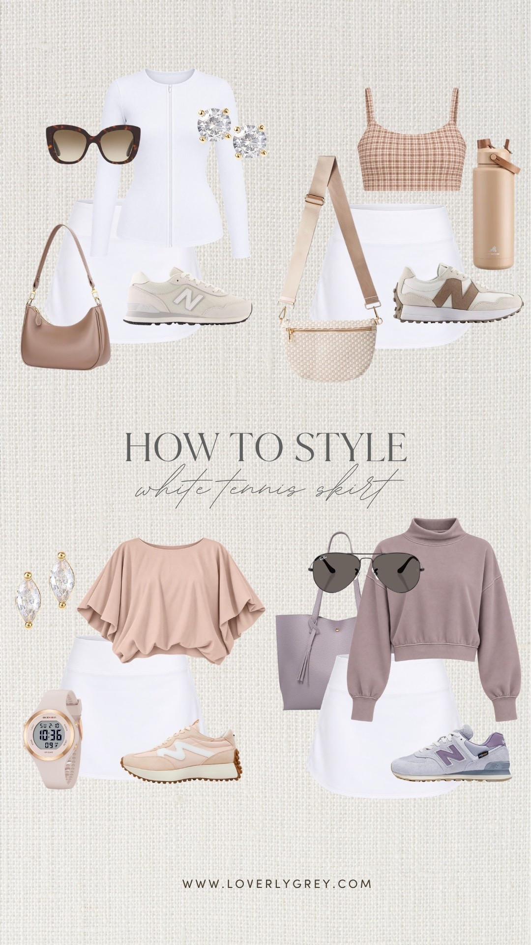 A white tennis skirt is such a good year-round staple, and I love how many ways you can style it for fall! Pair it with neutral sneakers, soft layers, sporty jackets and cozy sweatshirts for easy tennis skirt outfits that still feel cute and put together.