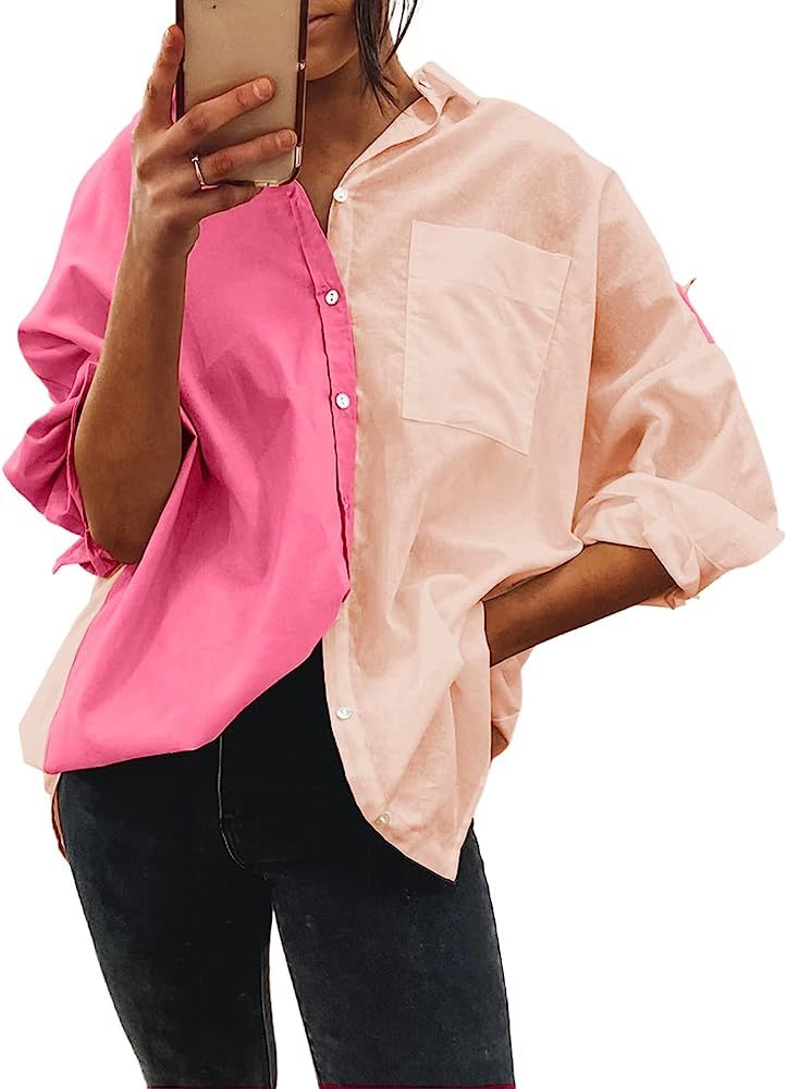 Acelitt Womens Color Block Long Sleeve Boyfriend Collared Button Down Shirts Tops | Amazon (US)