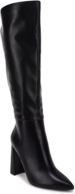 Womens Pointed Toe Knee-high Boot Wide Calf Chunky Block Side Zipper Go-go Boots | Amazon (US)