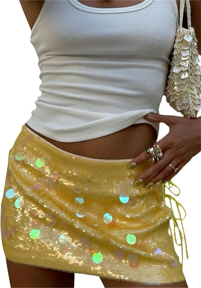Women's Sparkly Sequins Bodycon Mini Skirts Sexy Side Split Tie Up Low Rise Skirt Fashion Short H... | Amazon (US)
