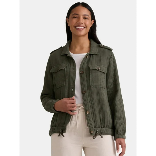 Time and Tru Women's Double Cloth Cotton Utility Jacket, Sizes XS-XXXL | Walmart (US)