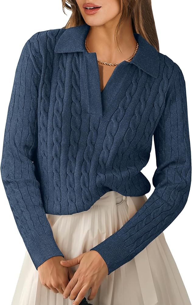 ANRABESS Womens Cable Knit Sweaters Long Sleeve V Neck Sweater Tops Casual Pullover Polo Shirts 2... | Amazon (US)