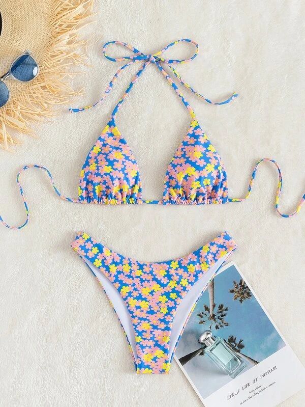 Ditsy Floral Halter Triangle Bikini Swimsuit | SHEIN