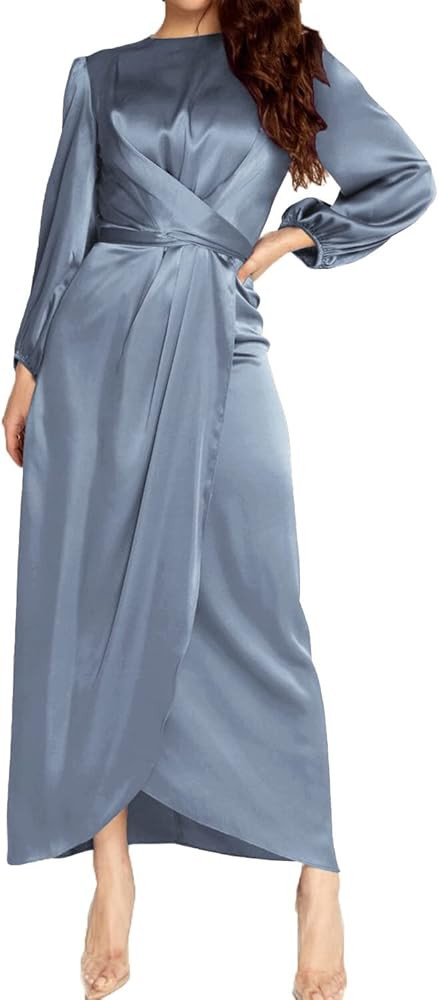 PINUPART Women's Elegant Empire Waist Long Sleeve Satin Maxi Dress | Amazon (US)
