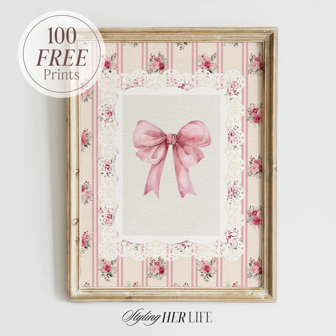 Vintage Pink Bow Art Print, Cottagecore Print, Vintage Nursery, Pink Nursery, Baby Girl Nursery, ... | Etsy (US)
